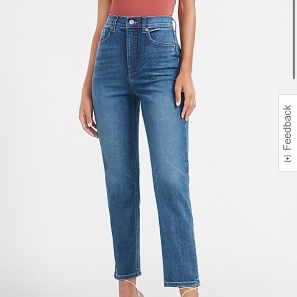 Express Denim - Super high waisted faded dark wash mom jeans.